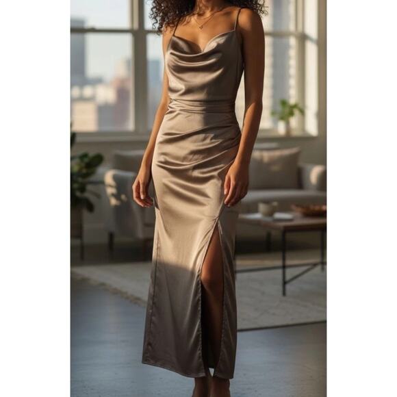 Birdy Grey Lydia Shiny Satin Dress Gown Mocha Long Slit Bridesmaid Size M NWT - Picture 1 of 7